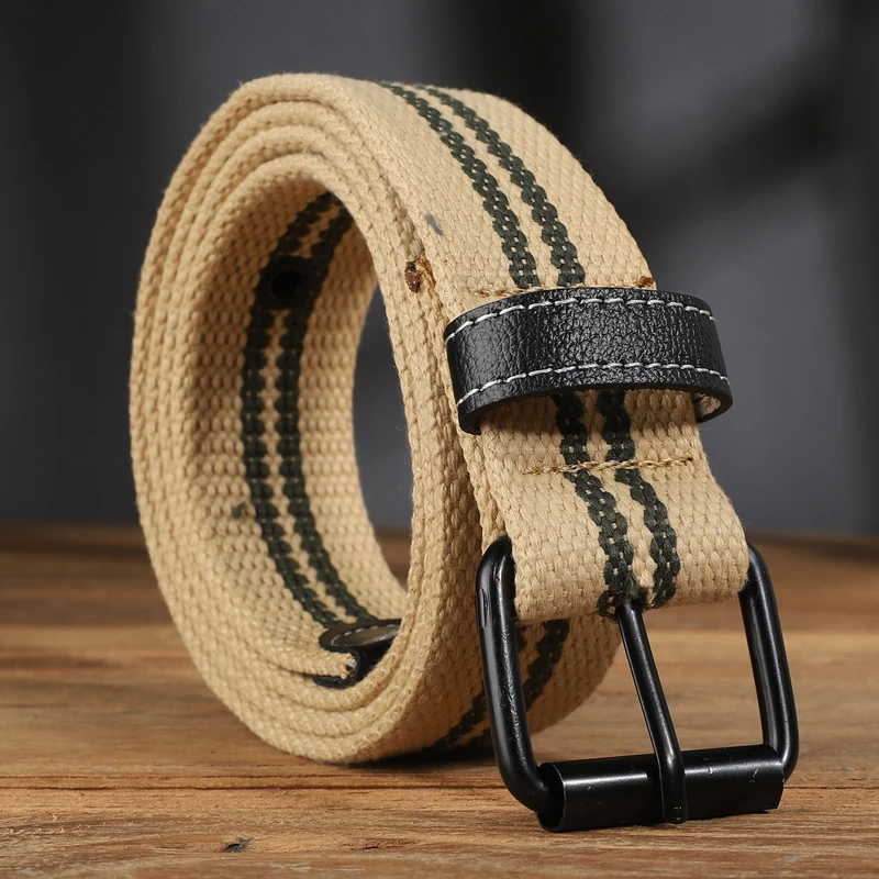 Durable men's canvas belt with a double D-ring buckle, great for active outdoor & casual looks.