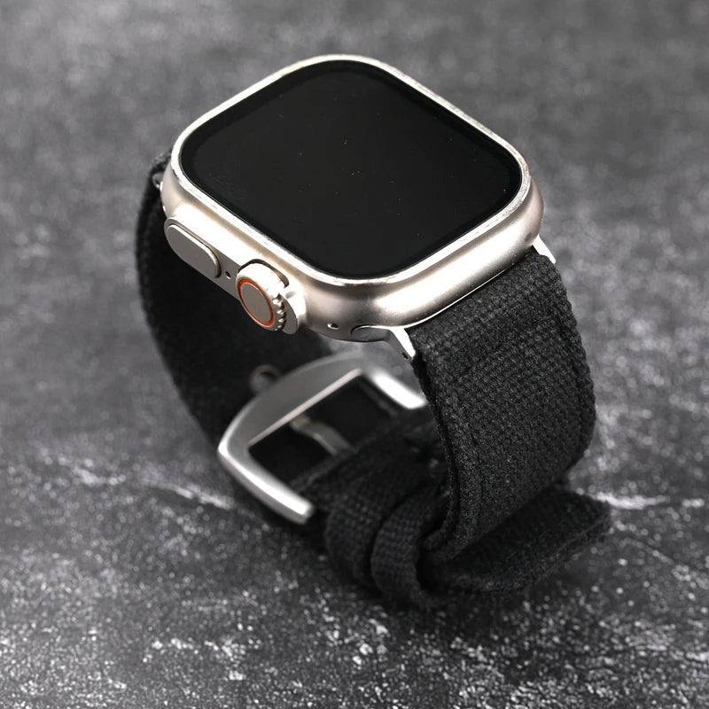 Men's military style canvas smartwatch band, tough and adventure-proof.