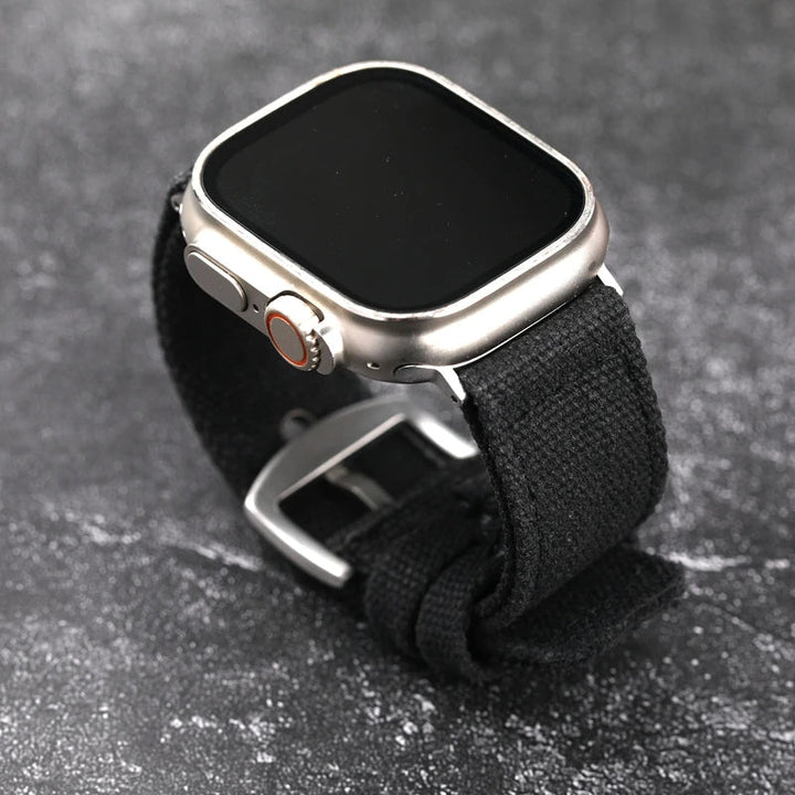 Men's military style canvas smartwatch band, tough and adventure-proof.