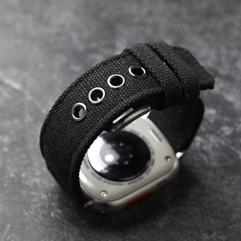 Durable men's smartwatch band, rugged canvas strap for sport and outdoor use.