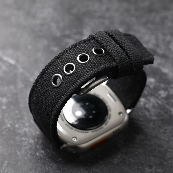 Durable men's smartwatch band, rugged canvas strap for sport and outdoor use.