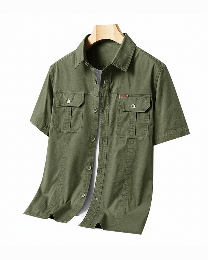 Men's rugged cotton short sleeve shirt, perfect for outdoor adventures & casual wear. Durable & comfortable.