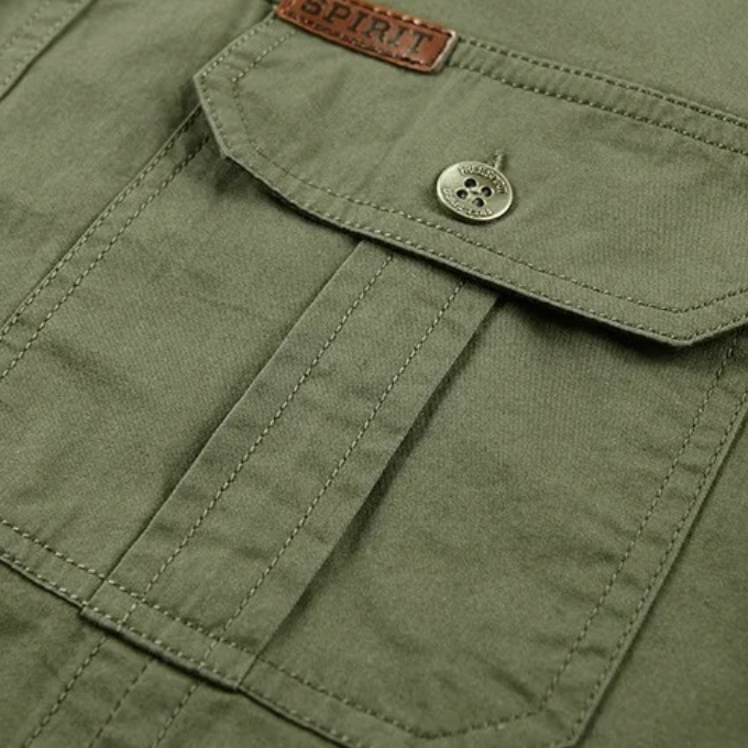 Adventure-ready men's rugged cotton short sleeve shirt. Durable utility wear for outdoor activities & casual comfort.