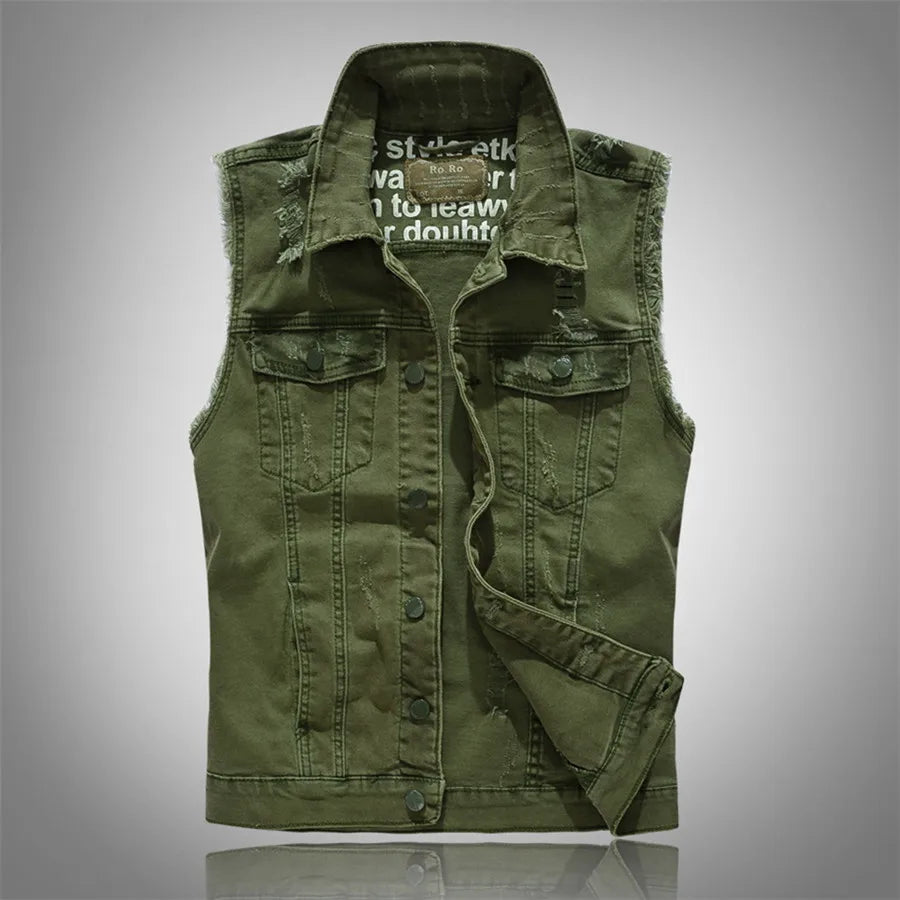 Men's rugged denim vest, a bold sleeveless jacket for casual layering & versatile street style fashion.