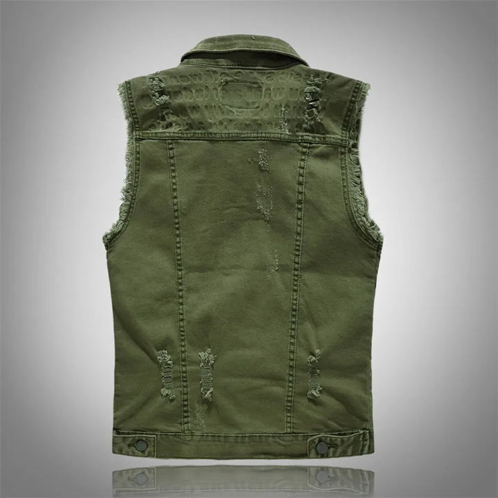 Close-up of a men's rugged denim vest with raw edge details, perfect for a bold, casual street style look.