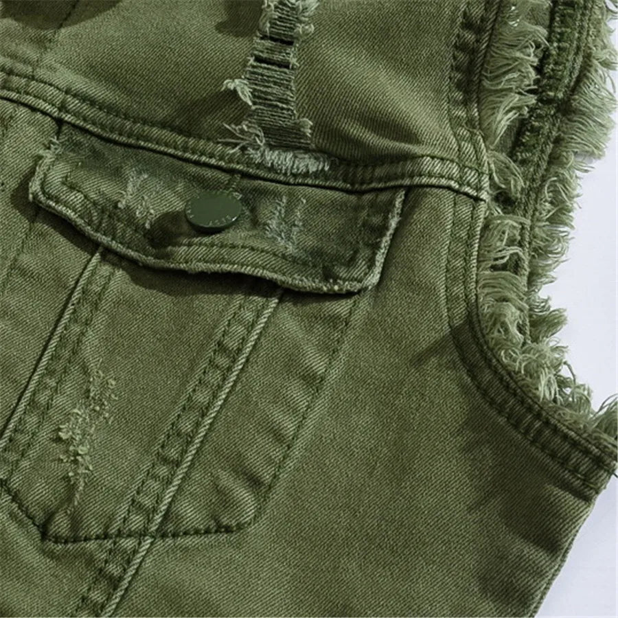 Fashionable men's rugged denim vest, an essential outerwear piece for bold street style and men's fashion.