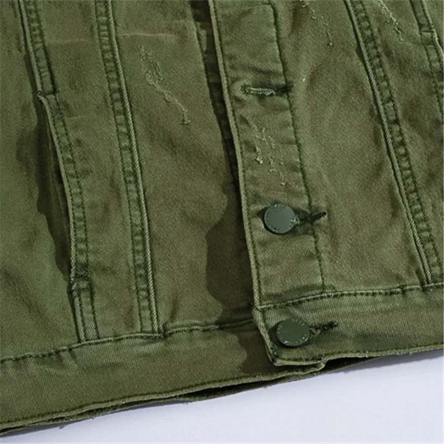 Man wearing a rugged men's denim vest, showcasing its bold style as a versatile sleeveless jacket.