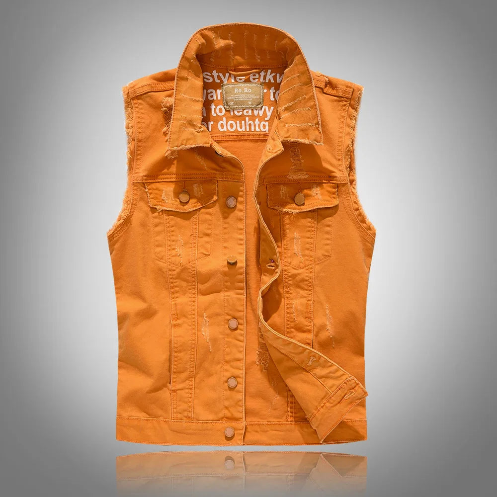 Men's rugged denim vest, designed as a bold and versatile sleeveless jacket for casual outerwear layering.