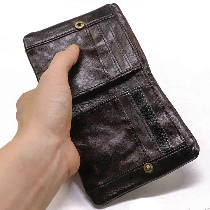 Authentic distressed leather men's bifold wallet, designed for durability and style.