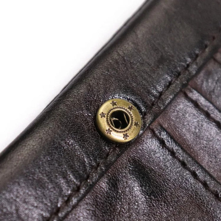 Handcrafted feel distressed leather bifold wallet, showcasing men's rugged style.