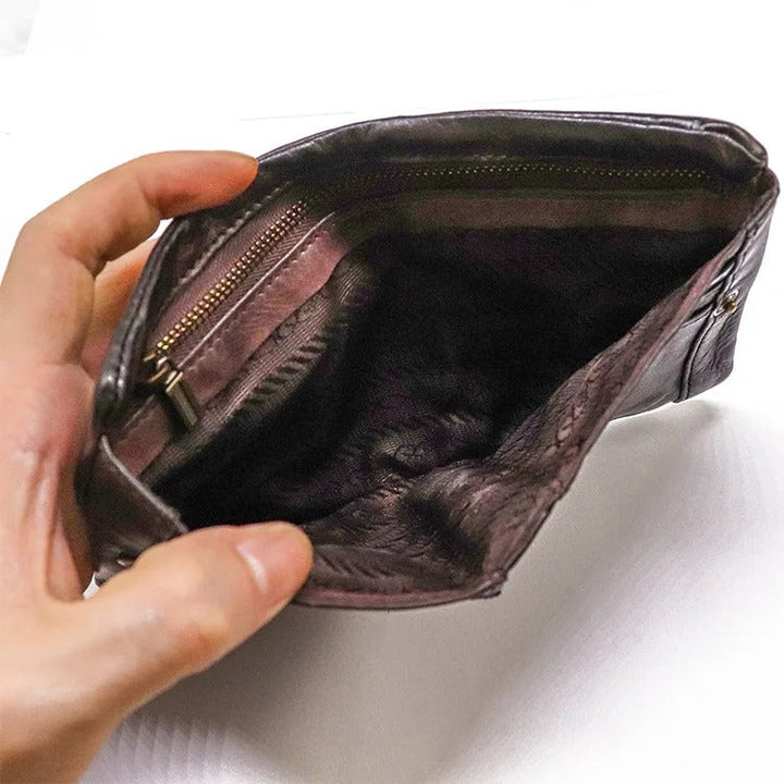 Slim profile distressed leather bifold wallet for men, perfect for front or back pocket.
