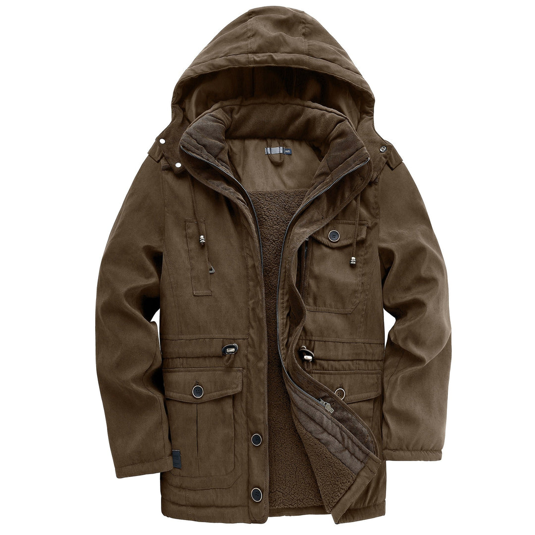 Men's adventure jacket: rugged, weatherproof protective outerwear for ultimate cold weather.