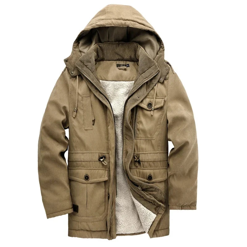 Stay warm & protected with this heavy-duty men's cold weather jacket, essential outdoor gear.