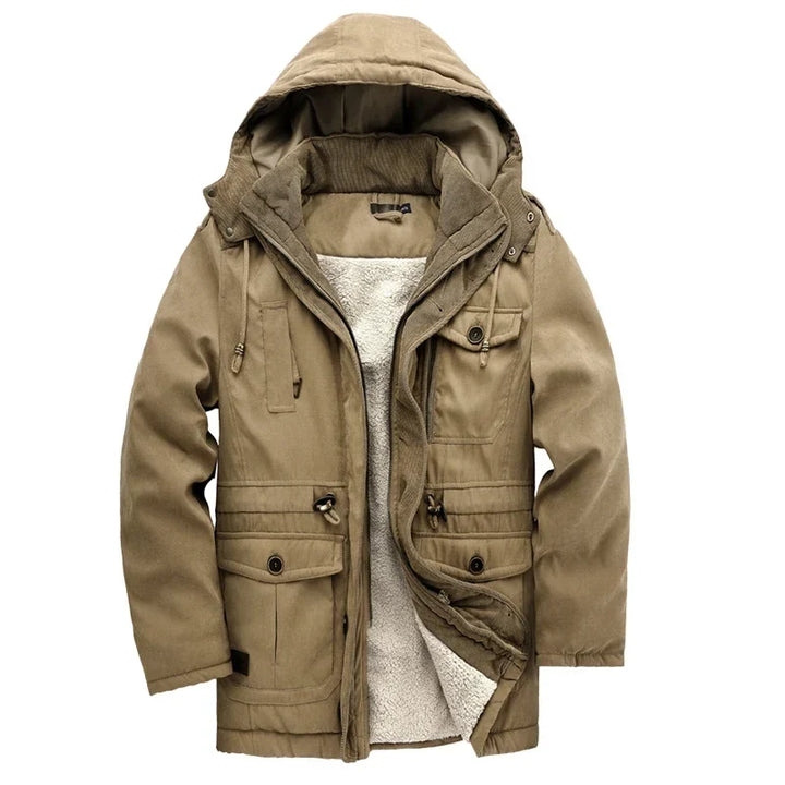 Stay warm & protected with this heavy-duty men's cold weather jacket, essential outdoor gear.