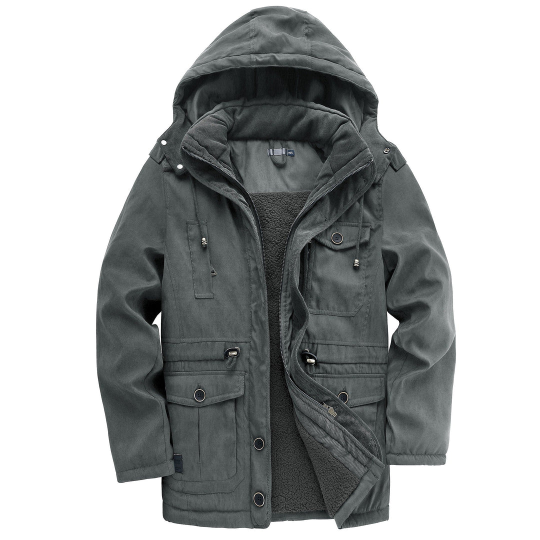 Close-up of durable fabric on a men's rugged highland jacket, emphasizing heavy-duty quality.