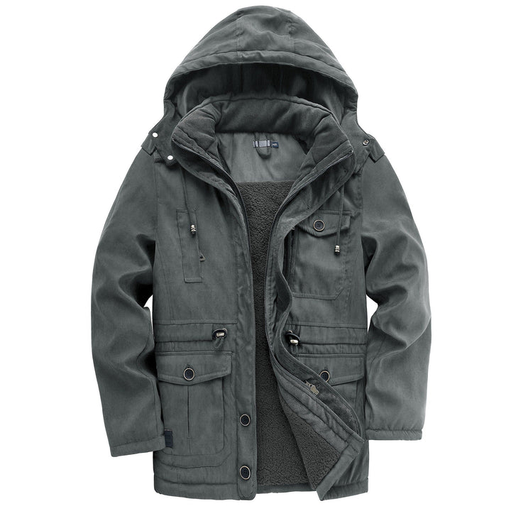 Close-up of durable fabric on a men's rugged highland jacket, emphasizing heavy-duty quality.