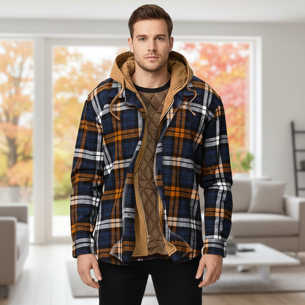 Men's rugged hooded jacket, Manfred style, with unique print design, perfect for winter and fall fashion.