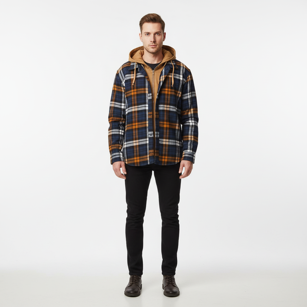 Warm men's hooded jacket, Manfred, featuring a stylish print; ideal casual outerwear for cold weather.