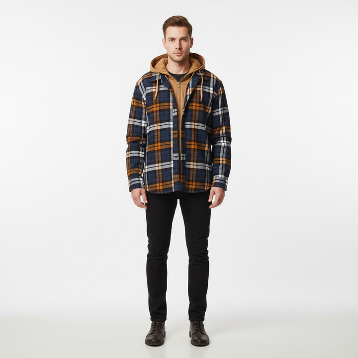 Warm men's hooded jacket, Manfred, featuring a stylish print; ideal casual outerwear for cold weather.