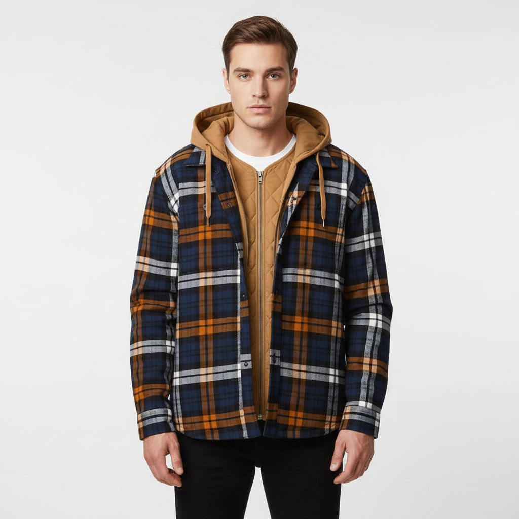 Printed hooded jacket for men, Manfred design, providing rugged style and warmth for fall or winter.