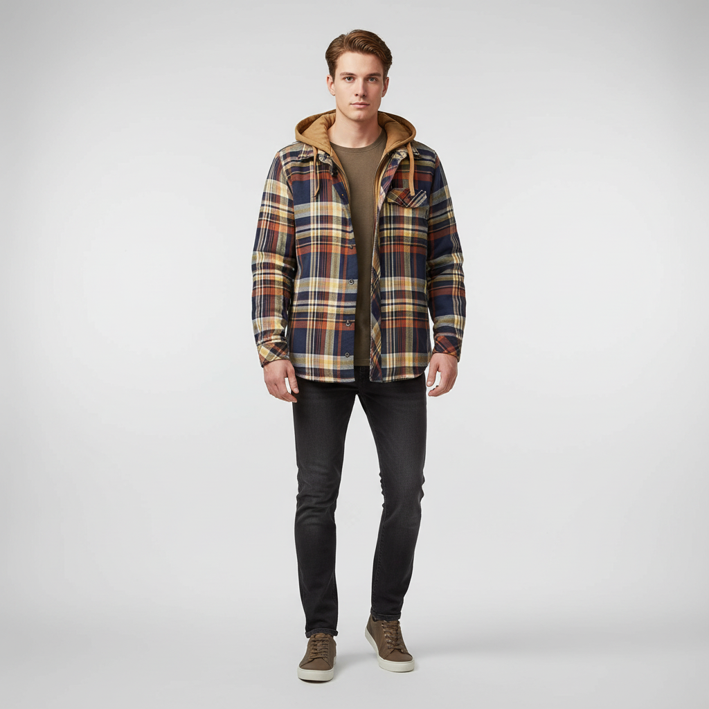Casual men's hooded jacket, Manfred, with an eye-catching print, great for everyday fall/winter wear.