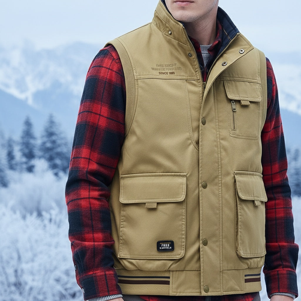 Versatile men's outdoor vest with many pockets, crafted from durable cotton for utility, casual, and layering needs.