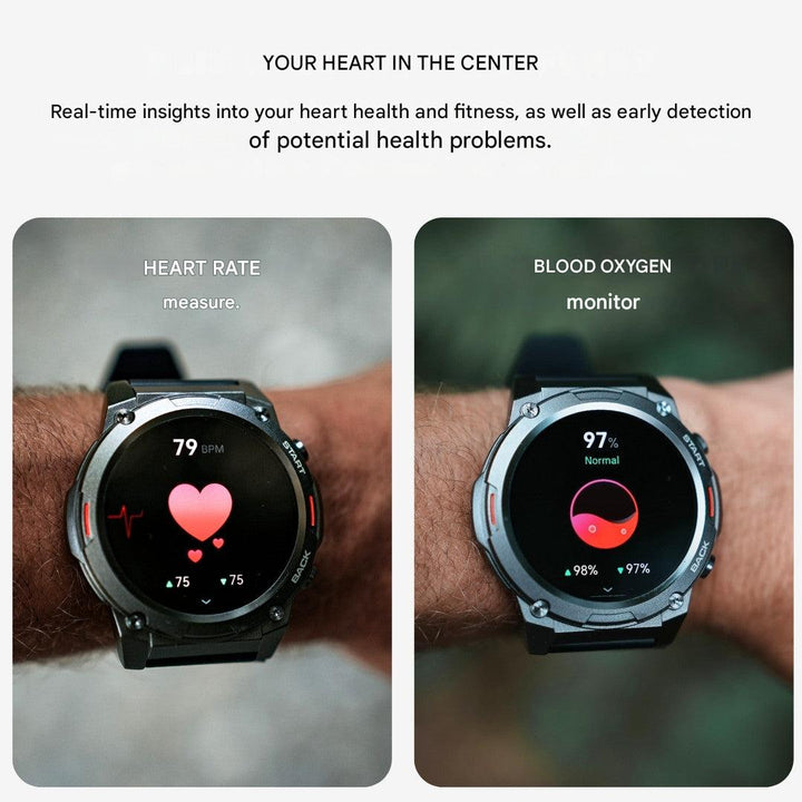 Men's sports watch, rugged outdoor smartwatch with health & smart notifications.