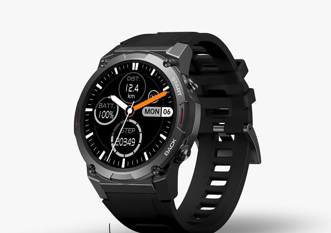 Men's sports smartwatch, fitness tracker with health monitoring & long battery life.
