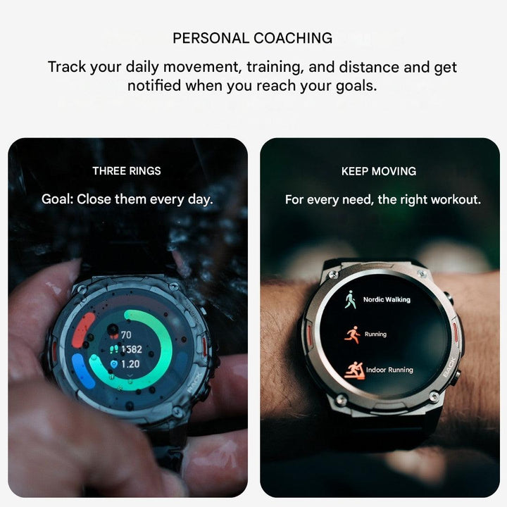 Men's rugged smartwatch with long battery life, outdoor & fitness tracking features.
