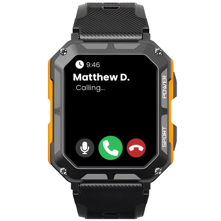 Indestructible men's smartwatch for outdoor adventures, waterproof, shockproof, and long-lasting battery.