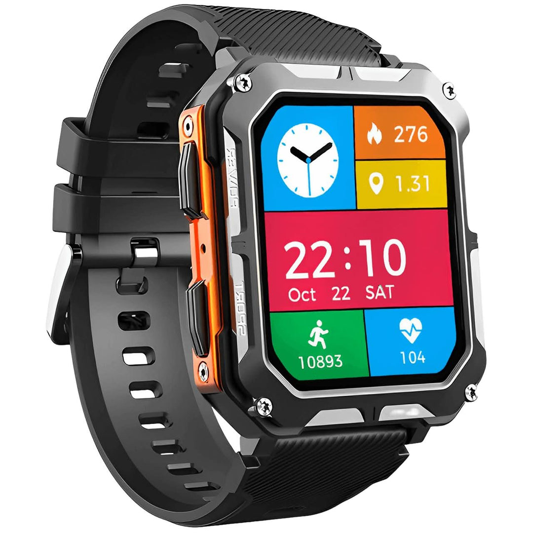 Advanced men's fitness smartwatch, tracking steps, calories, sleep, and heart rate for health-conscious users.