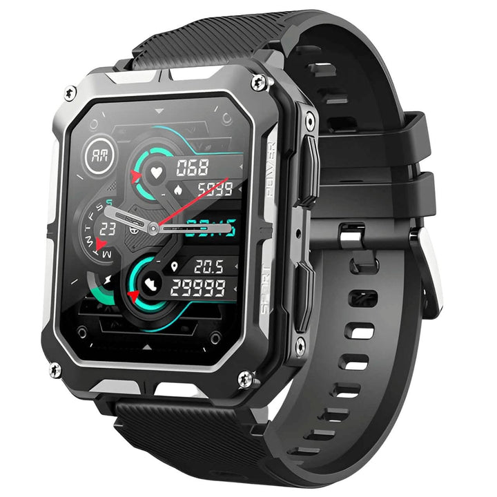 Versatile men's outdoor smartwatch, durable, waterproof, with health tracking, GPS, and smart notifications.