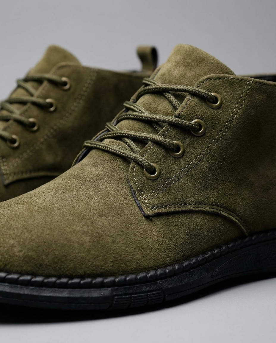 Olive green men's suede leather Roam boots, perfect for versatile outdoor and casual styling. Rugged and durable.