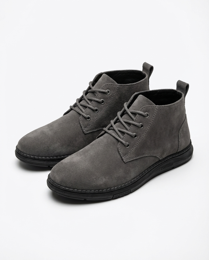 Side view of men's suede leather Roam boots, showcasing the textured finish and robust construction. Versatile boots.