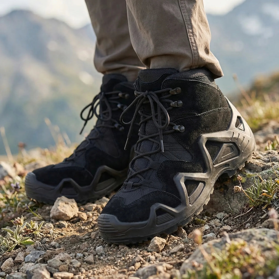 Men's Rugged Tactical Hiking Boots for all-terrain support & durable outdoor adventure.