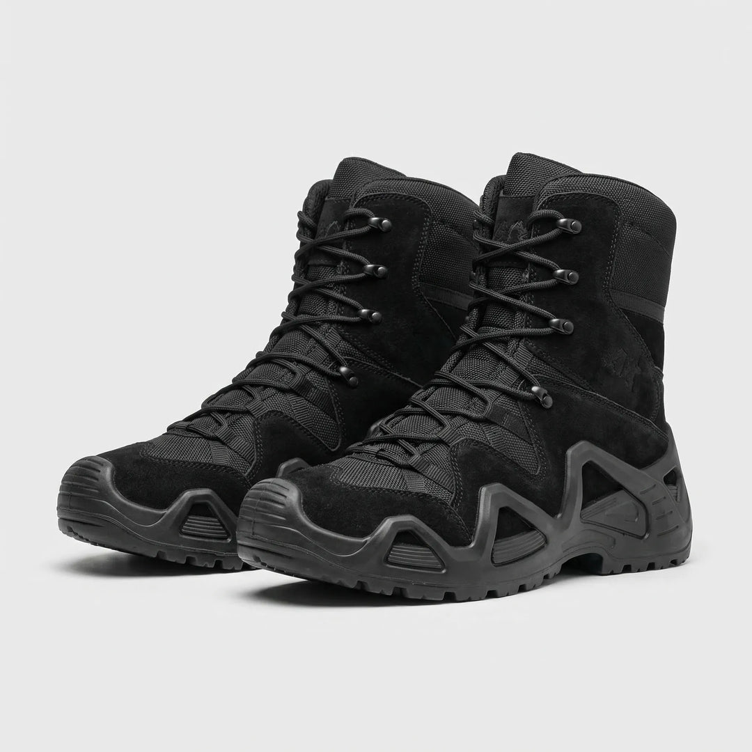 Men's adventure gear: rugged tactical hiking boots for all-terrain support on demanding trails.