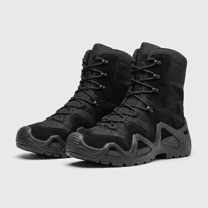 Men's adventure gear: rugged tactical hiking boots for all-terrain support on demanding trails.