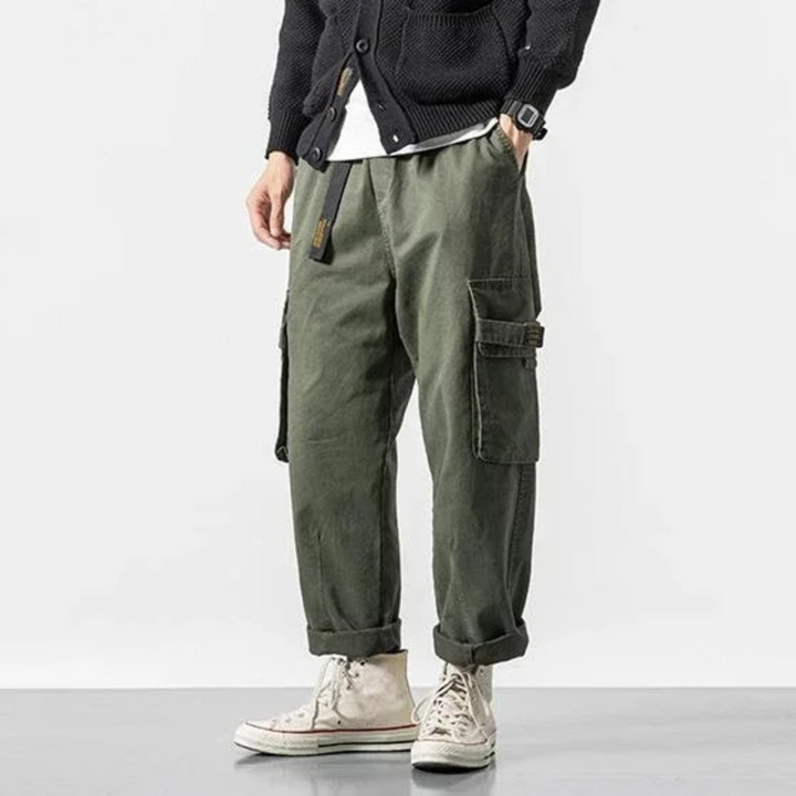 Relaxed fit men's utility cargo pants, comfortable cotton for everyday wear & streetwear style.