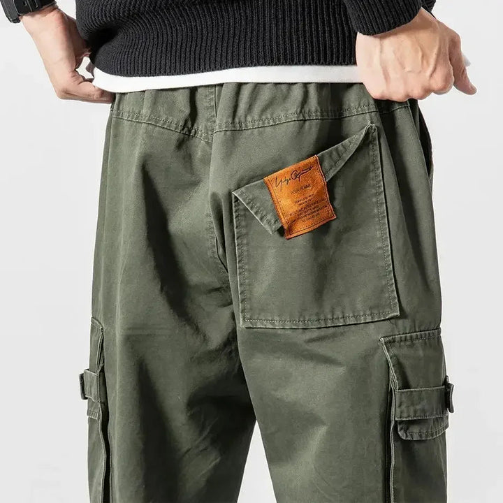 Men's rugged cargo pants, utility design for everyday wear, comfortable relaxed fit cotton pants.