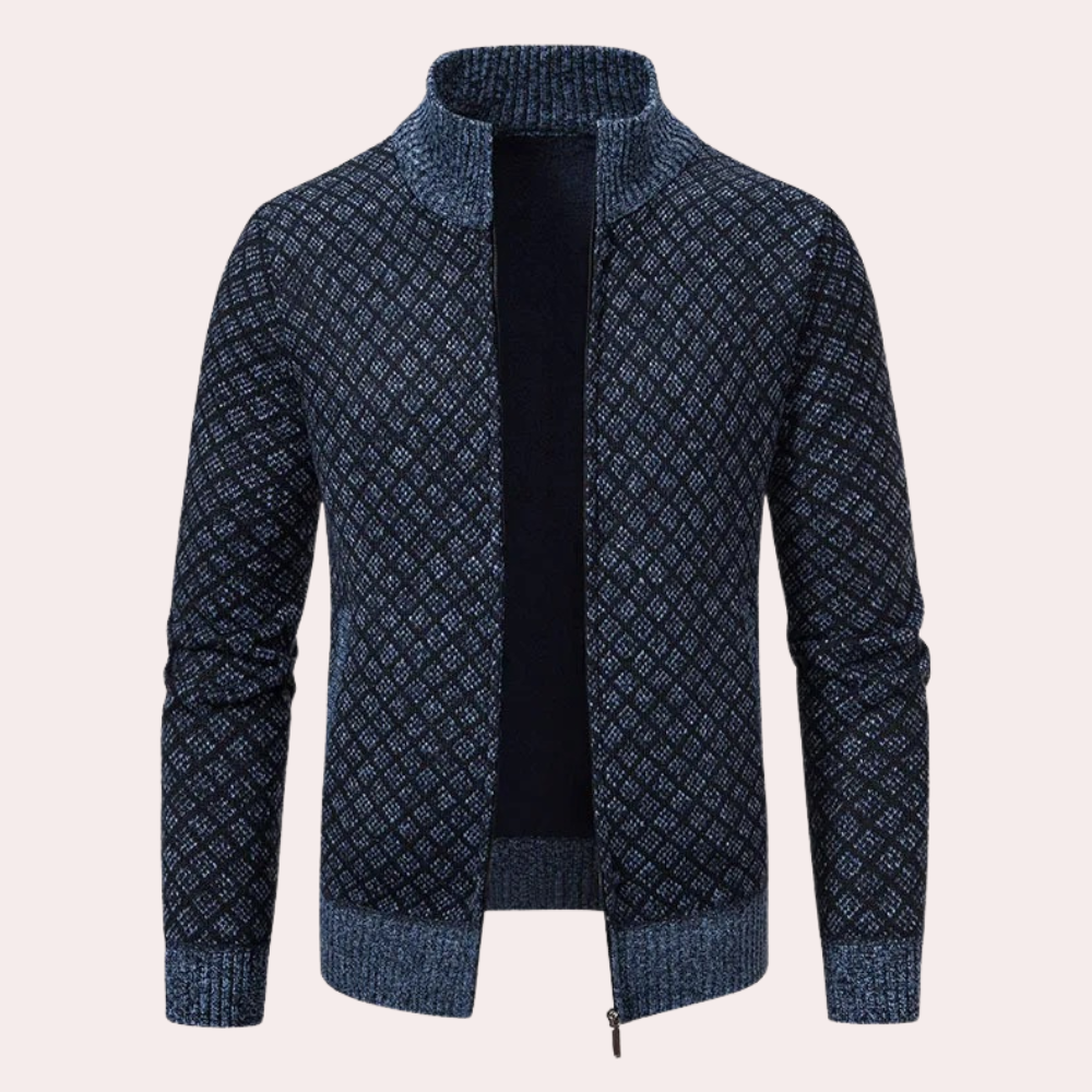 Men's Runia stylish zip-up cardigan in a chic check pattern. Perfect for casual or semi-formal layering.