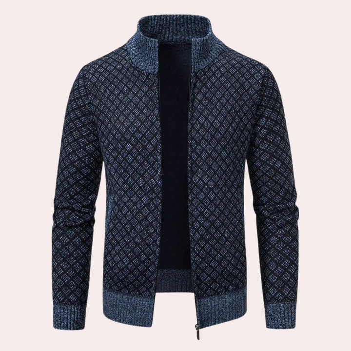 Men's Runia stylish zip-up cardigan in a chic check pattern. Perfect for casual or semi-formal layering.