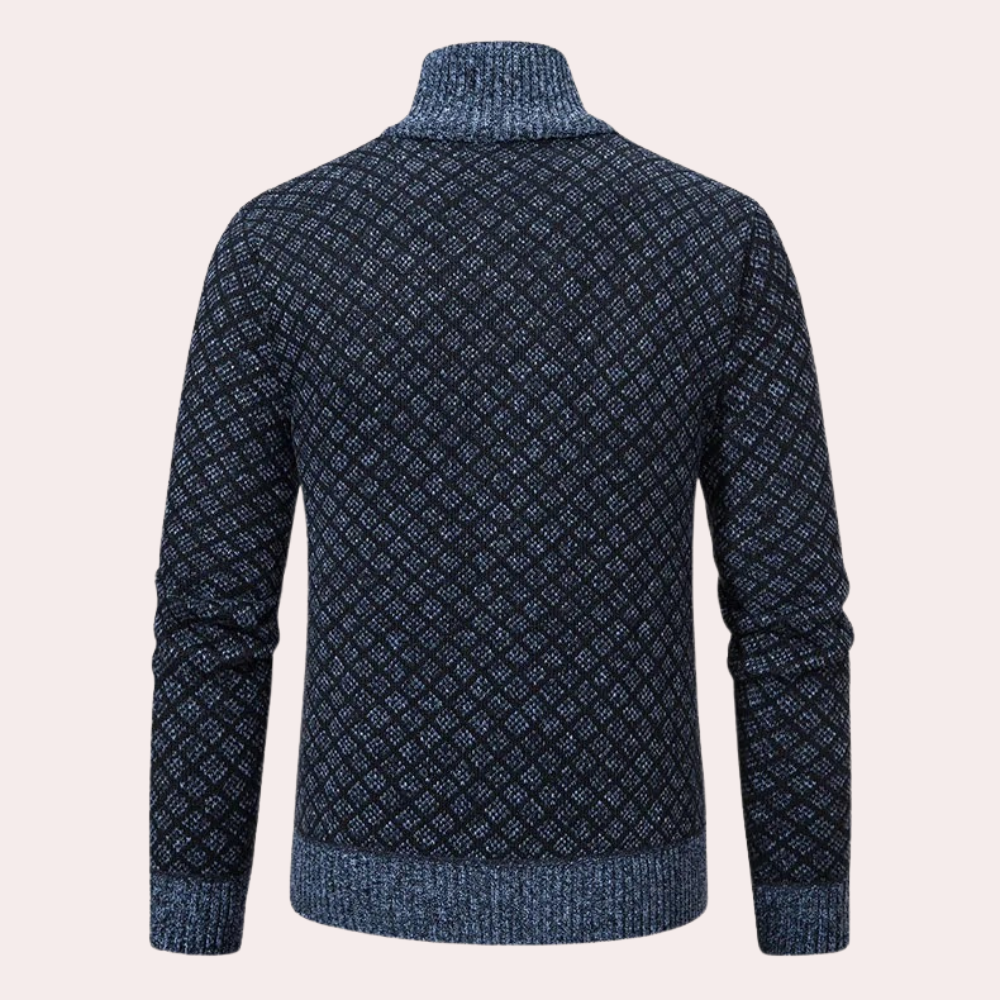 Versatile Runia men's zip-up cardigan with an elegant check pattern; great for stylish layering.