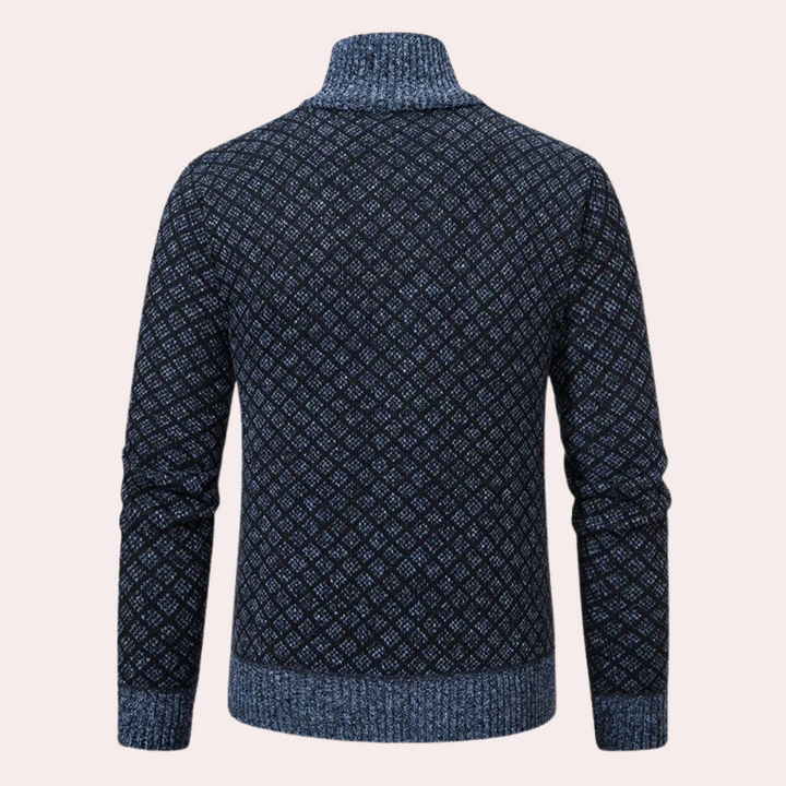 Versatile Runia men's zip-up cardigan with an elegant check pattern; great for stylish layering.
