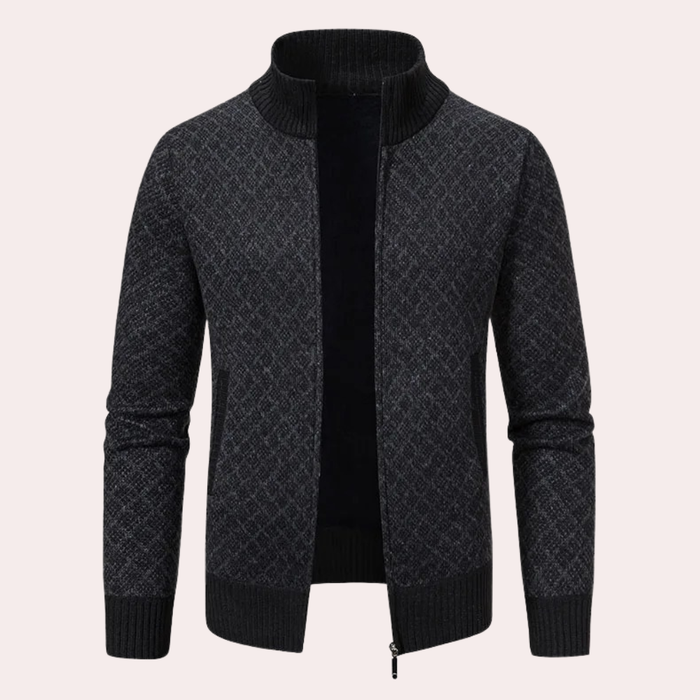 Stylish men's Runia zip-up cardigan with a unique check pattern, comfortable for any occasion.