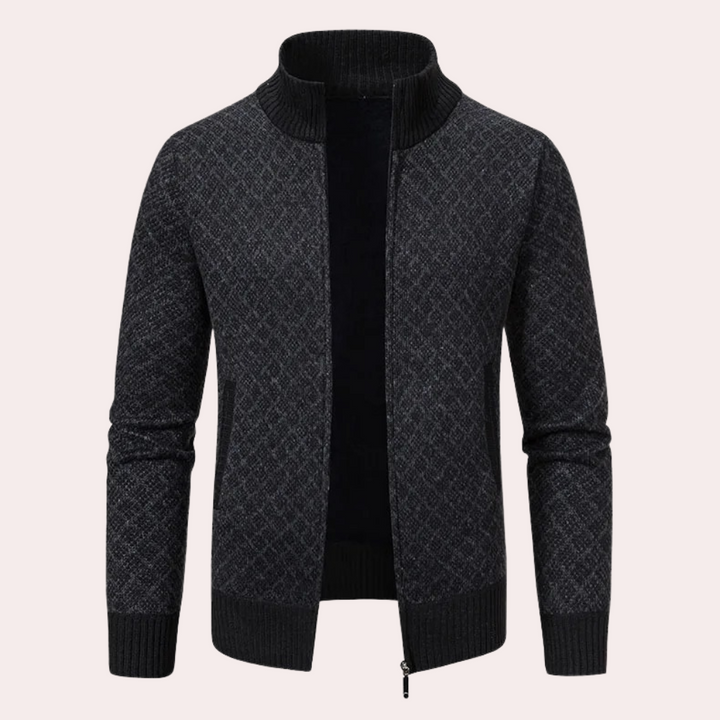 Stylish men's Runia zip-up cardigan with a unique check pattern, comfortable for any occasion.