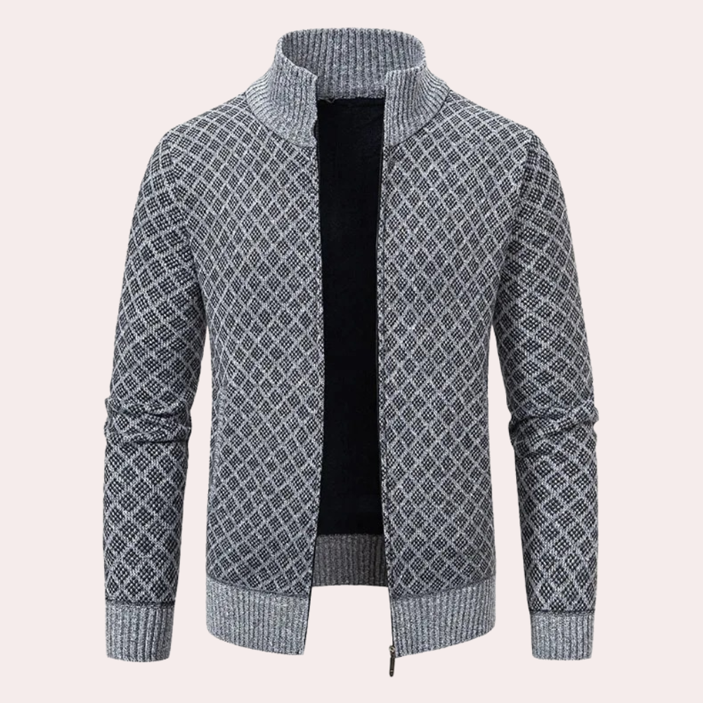 Men's Runia comfortable zip-up cardigan, a versatile knitted layering piece for modern men.