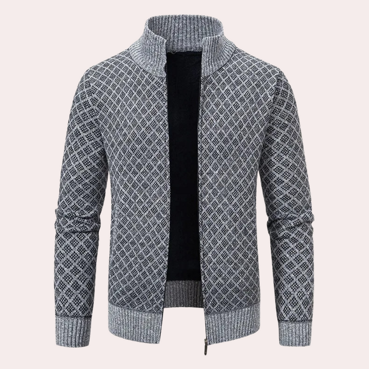 Men's Runia comfortable zip-up cardigan, a versatile knitted layering piece for modern men.