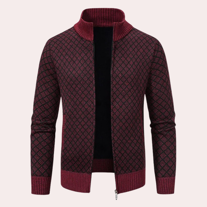 Runia men's fall fashion zip-up cardigan, featuring a stylish check pattern for casual elegance.