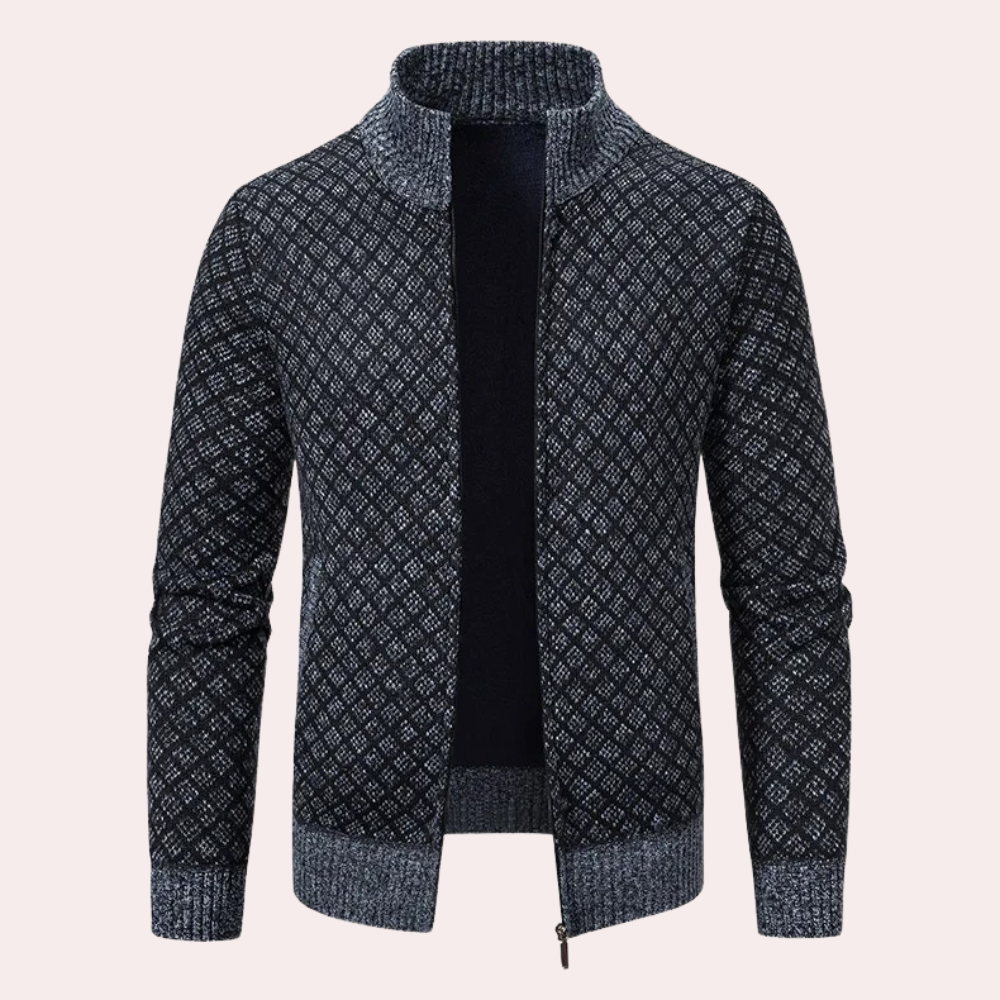 This Runia men's zip-up cardigan offers comfort and style with its attractive check pattern.
