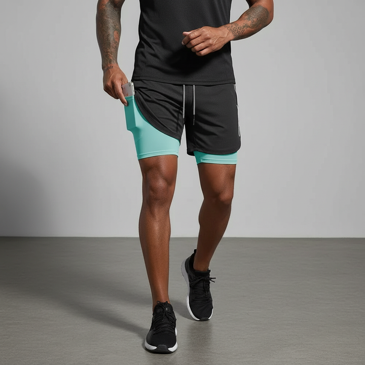 Men's RunVibeX dual-layer running shorts with built-in compression liner & secure phone pocket.